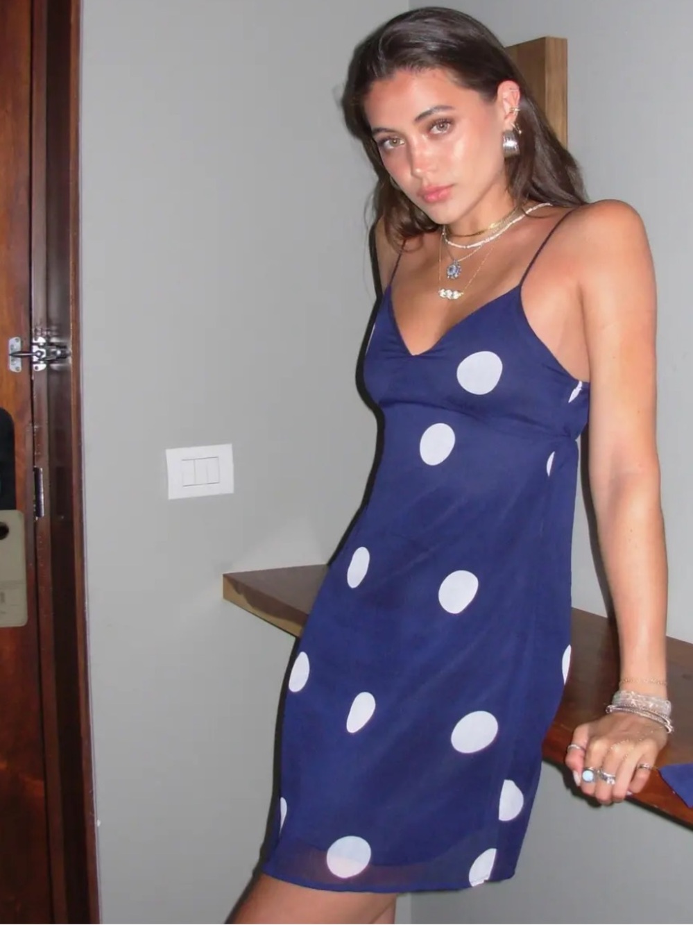 Polka Dot Navy Slip Mini Dress with White Dots